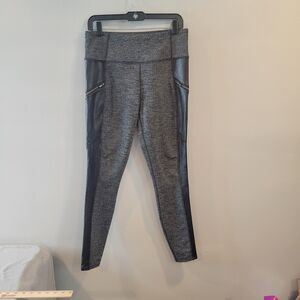 Athleta  Leggings Gray Black Faux Leather Sides Gleam Athleisure Size Medium